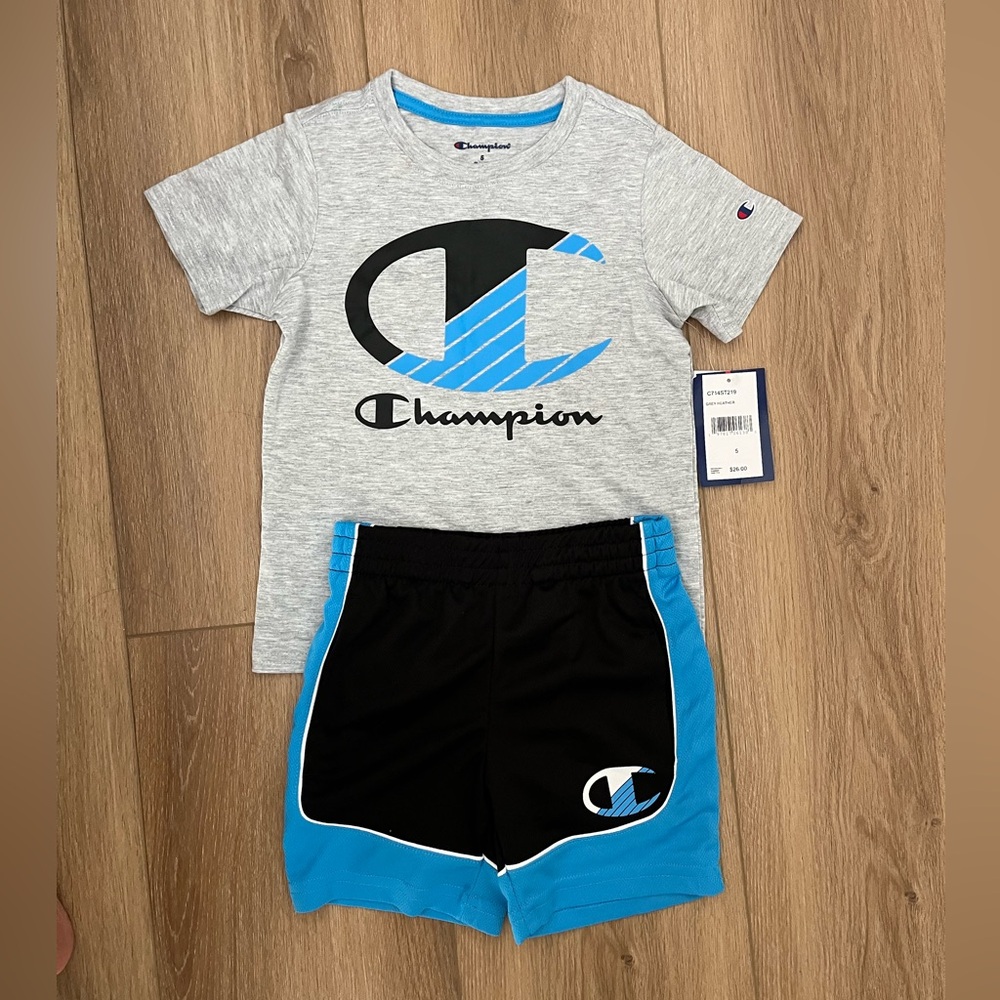 New Boys Champion Gray and Blue T-Shirt and Shorts Set
